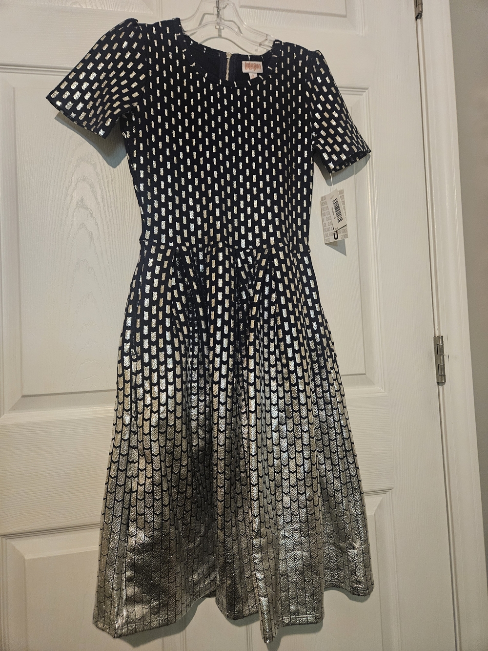 LuLaRoe Amelia Dress Small Navy Blue & Metallic Silver Fit Flare Pockets